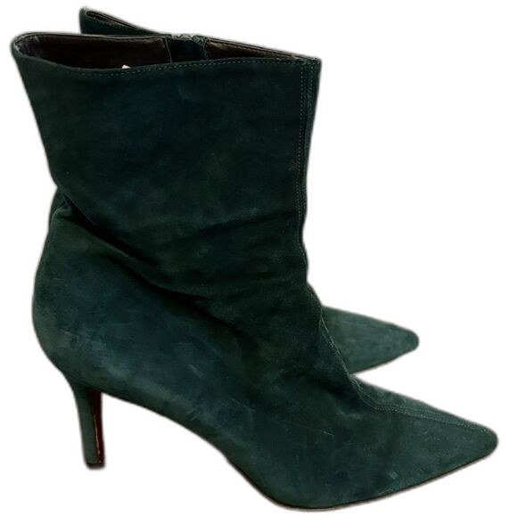 Y2K Ann Taylor size 10M Emerald Green Suede Red Bottom Pointed Toe Ankle Boots - Picture 1 of 14